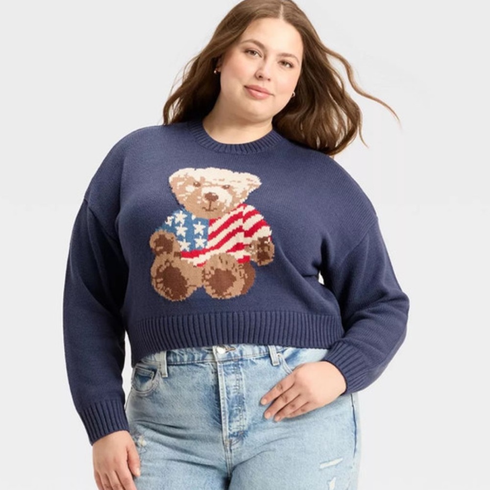 Grayson Threads‎ Women's Teddy Bear Flag Graphic Navy Sweater Xl